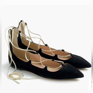 J. Crew Suede lace up flats black and gold- 8.5